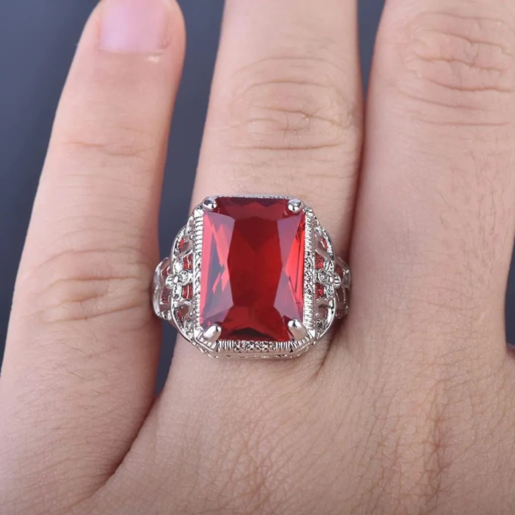 HAIXIAN Red Gemstone Ring for Women,Platinum Plated Crystal Ring Jewelry for Her