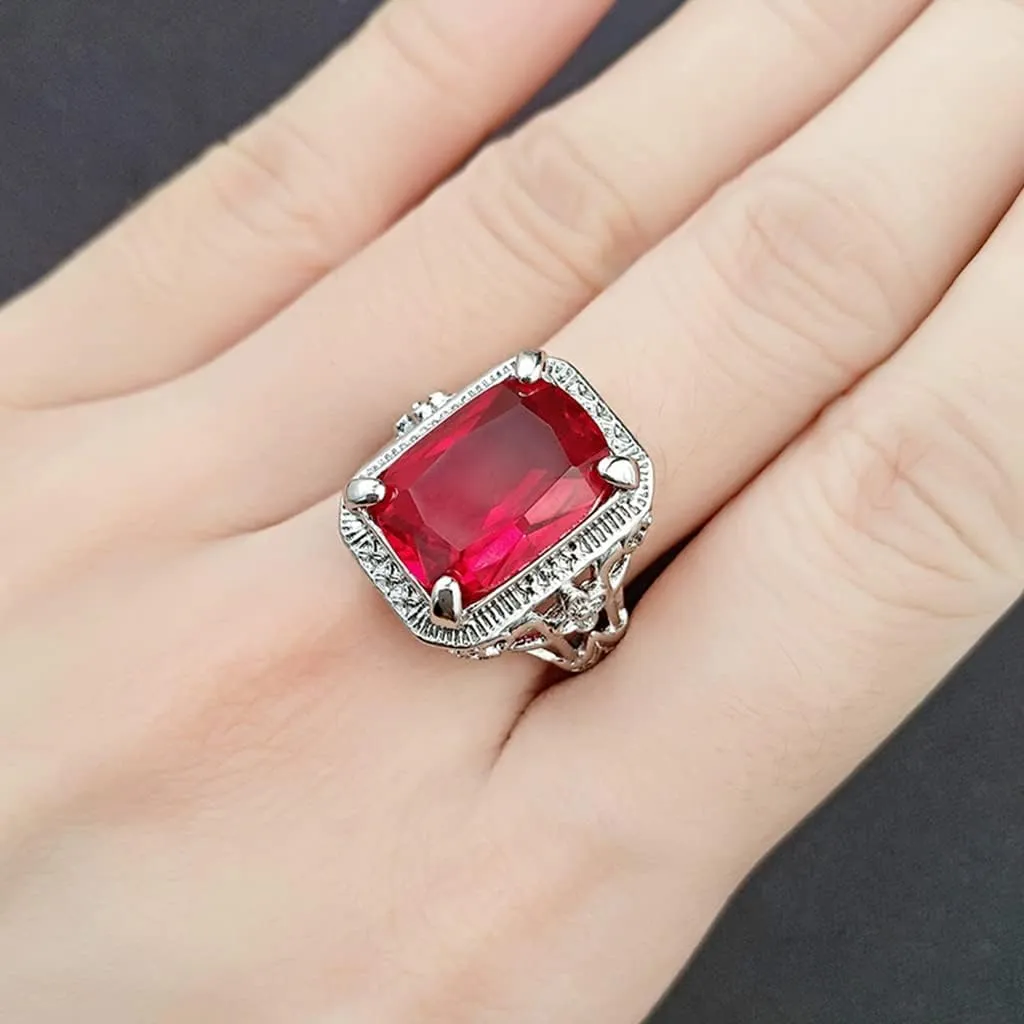 HAIXIAN Red Gemstone Ring for Women,Platinum Plated Crystal Ring Jewelry for Her