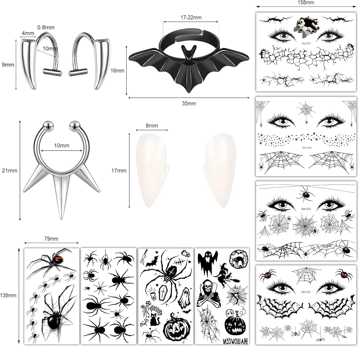 Halloween Fake Piercings Fake Lip Piercing Fake Septum Nose Ring Adhesive Face Nail Jewelry Vampire Fangs Fake Teeth Halloween Scar Eye Shadow Spider Web Skull Bat Temporary Tattoos Sticker