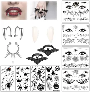 Halloween Fake Piercings Fake Lip Piercing Fake Septum Nose Ring Adhesive Face Nail Jewelry Vampire Fangs Fake Teeth Halloween Scar Eye Shadow Spider Web Skull Bat Temporary Tattoos Sticker