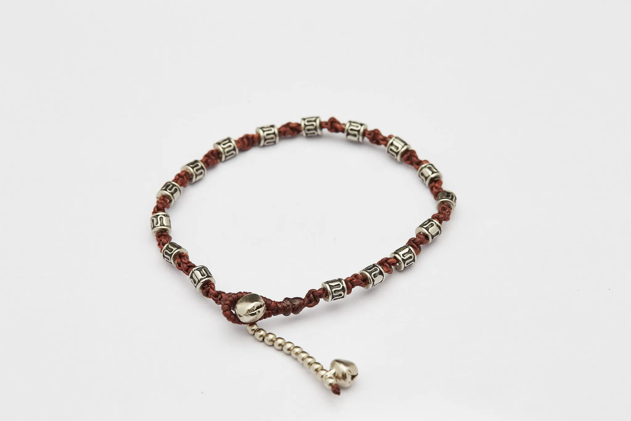 Hand Made Fair Trade Anklet Waxed Cotton Silver Beads Chocolate