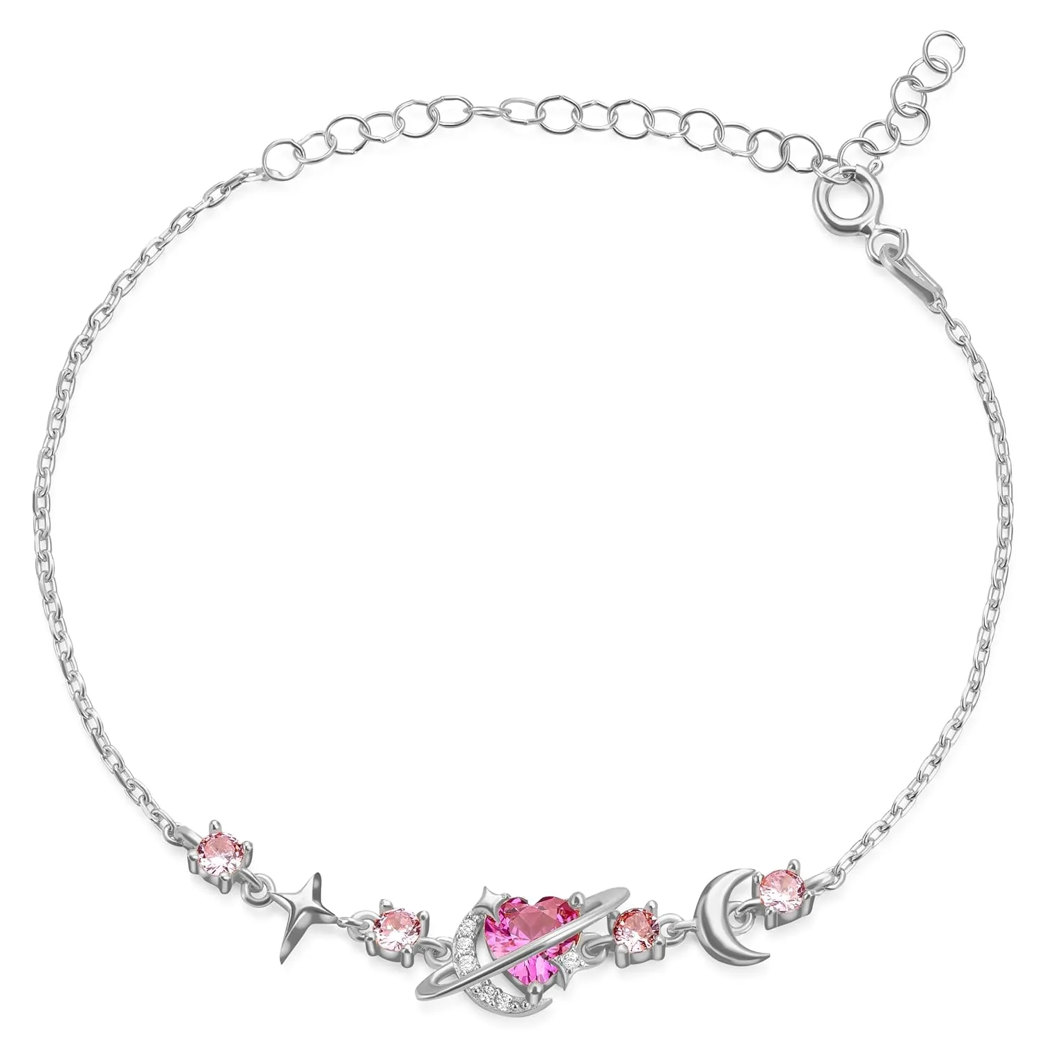 Handcrafted Heart Bracelet with Moon and North Star Saturn  Unique Custom Design, Adjustable Size, Perfect Gift for Soft Girl-925 Sterling Silver -Space Bracelet-Girls Bracelet (Silver)