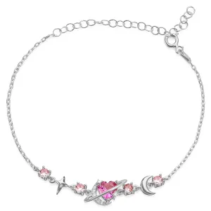 Handcrafted Heart Bracelet with Moon and North Star Saturn  Unique Custom Design, Adjustable Size, Perfect Gift for Soft Girl-925 Sterling Silver -Space Bracelet-Girls Bracelet (Silver)