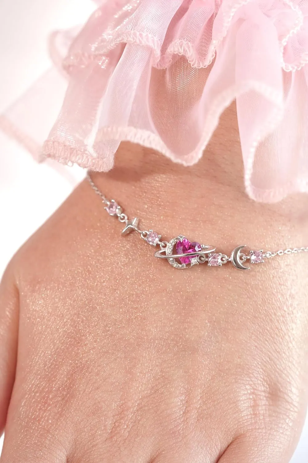 Handcrafted Heart Bracelet with Moon and North Star Saturn  Unique Custom Design, Adjustable Size, Perfect Gift for Soft Girl-925 Sterling Silver -Space Bracelet-Girls Bracelet (Silver)