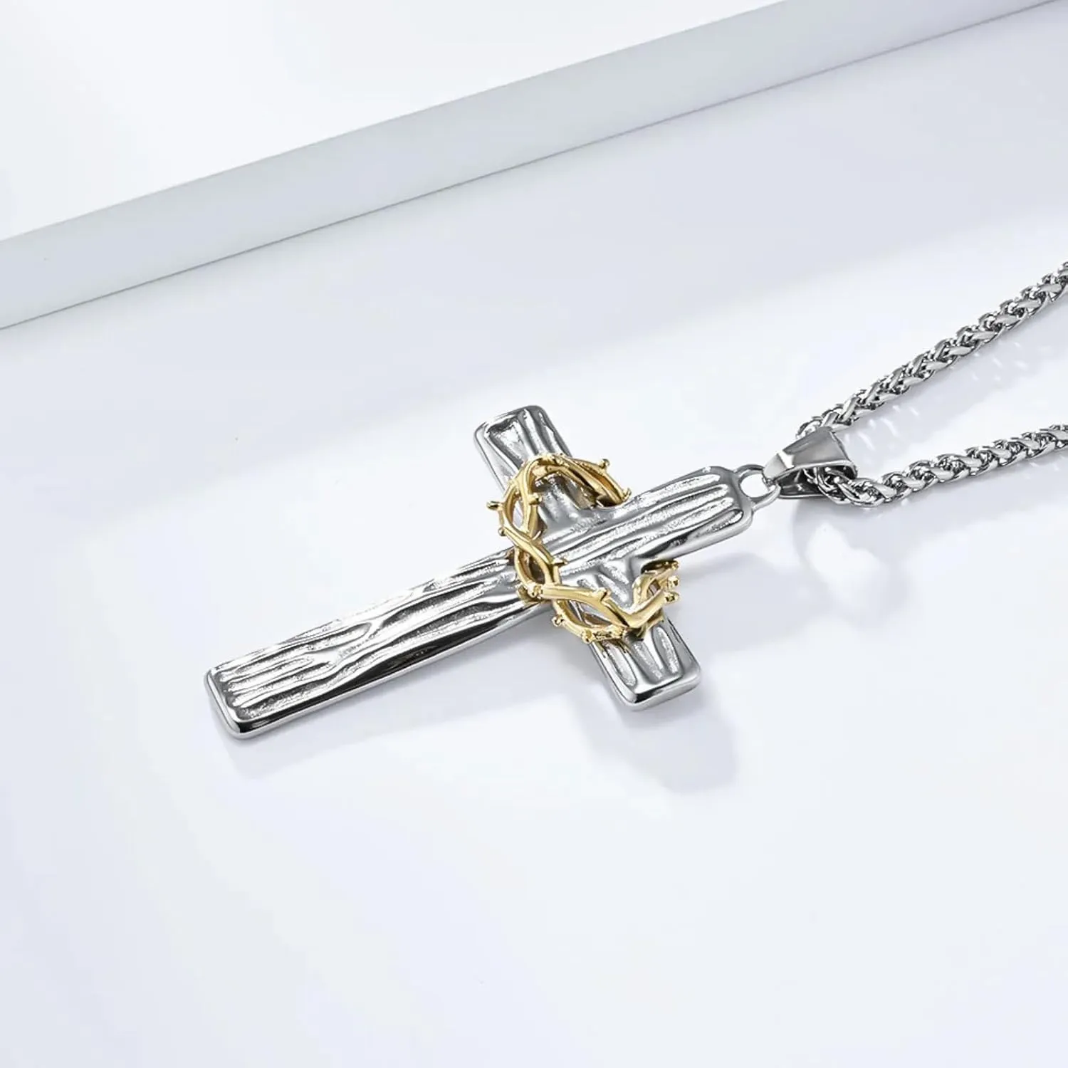 Handmade Crown Of Thorns Cross Necklace,Dainty Cross With Crown Necklace,Stainless Steel Crowns Of Thorns Crucifix Pendant Necklace,Faith Christian Jewelry Gifts For Men Women
