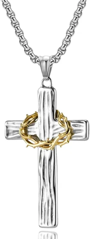 Handmade Crown Of Thorns Cross Necklace,Dainty Cross With Crown Necklace,Stainless Steel Crowns Of Thorns Crucifix Pendant Necklace,Faith Christian Jewelry Gifts For Men Women