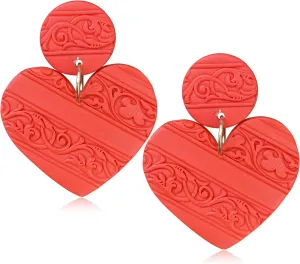 Handmade Polymer Clay Love Heart Dangle Drop Earrings Minimalist Red Hollow Heart Pattern Stud Earrings for Women Friend Statement Elegant Jewelry Valentine's Day Gifts