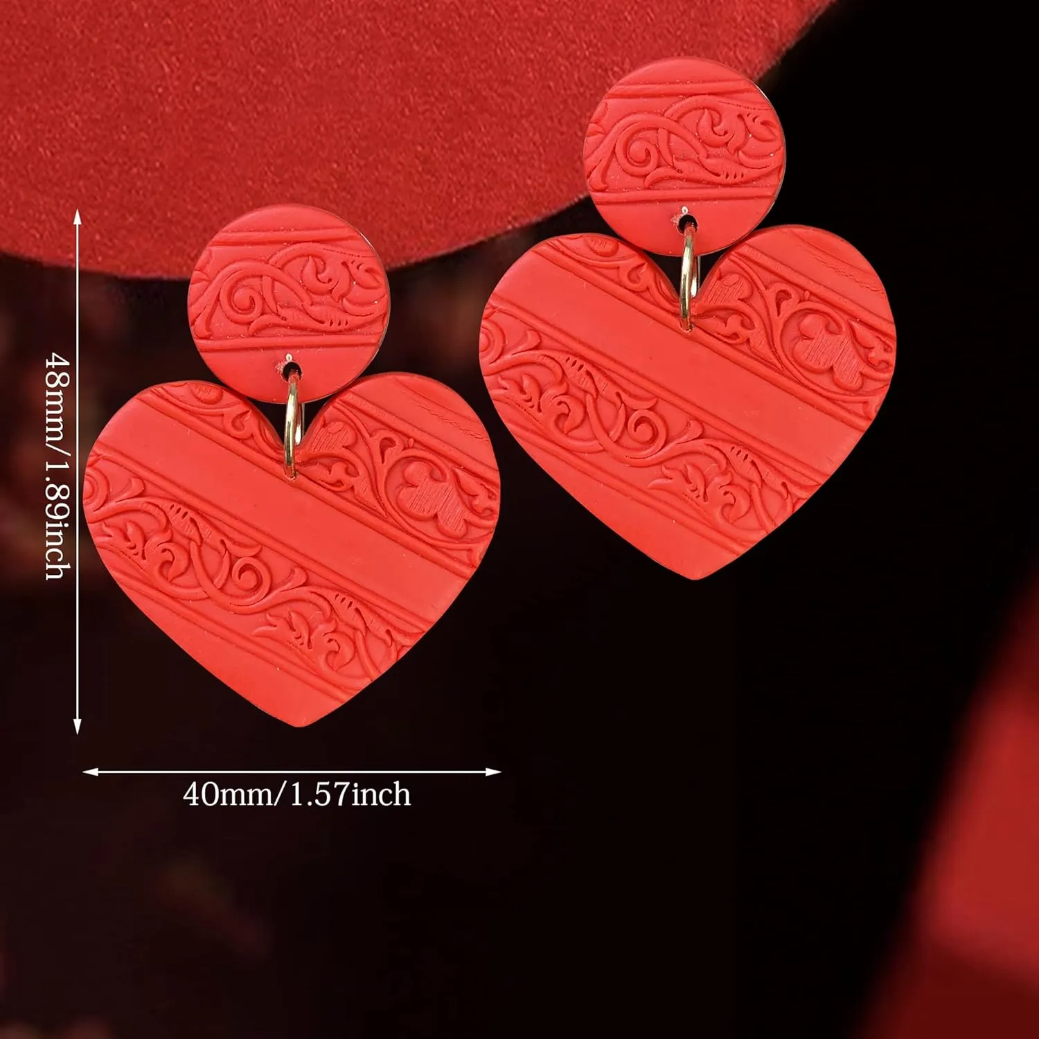 Handmade Polymer Clay Love Heart Dangle Drop Earrings Minimalist Red Hollow Heart Pattern Stud Earrings for Women Friend Statement Elegant Jewelry Valentine's Day Gifts
