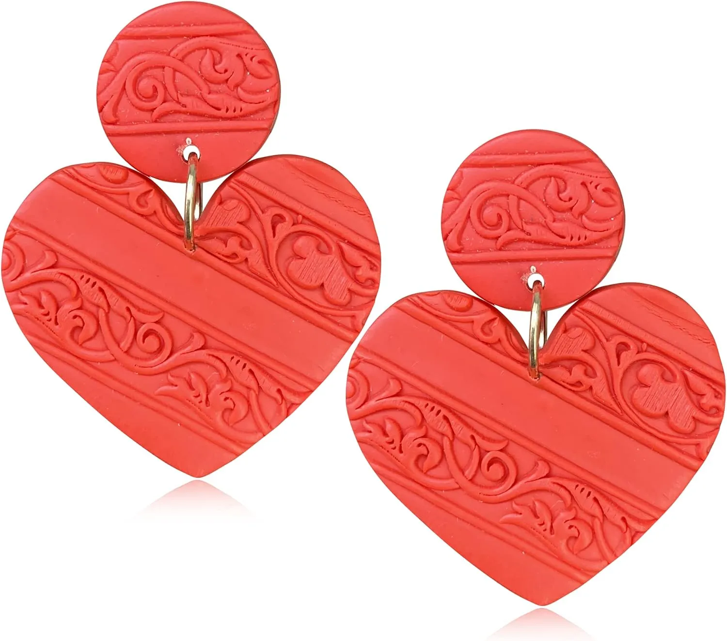 Handmade Polymer Clay Love Heart Dangle Drop Earrings Minimalist Red Hollow Heart Pattern Stud Earrings for Women Friend Statement Elegant Jewelry Valentine's Day Gifts