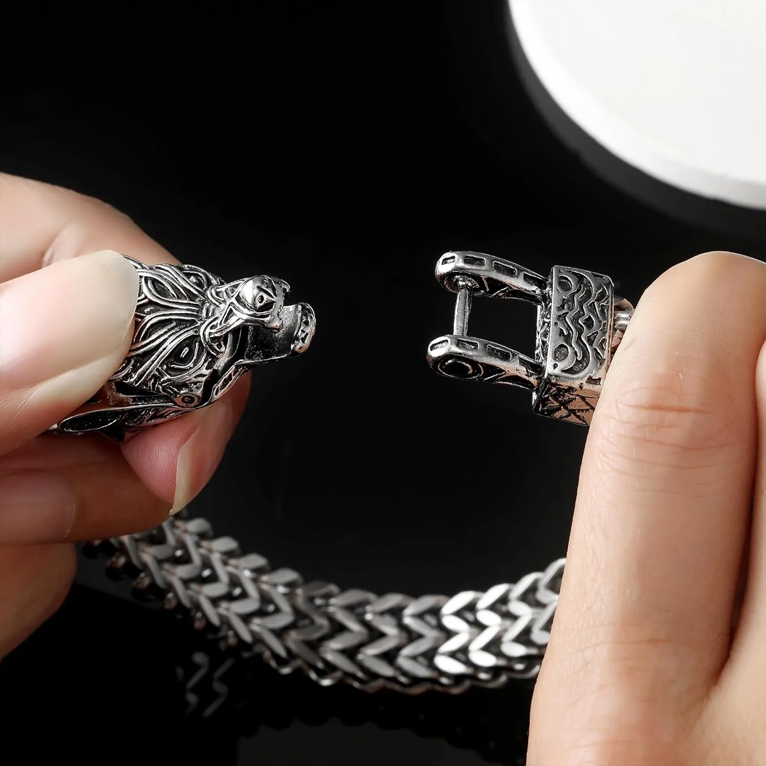 HANRESHE Men's Dragon Head Bracelet, Stainless Steel Cuban Link Chain, Viking Style Clasp, Silver