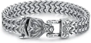 HANRESHE Men's Dragon Head Bracelet, Stainless Steel Cuban Link Chain, Viking Style Clasp, Silver