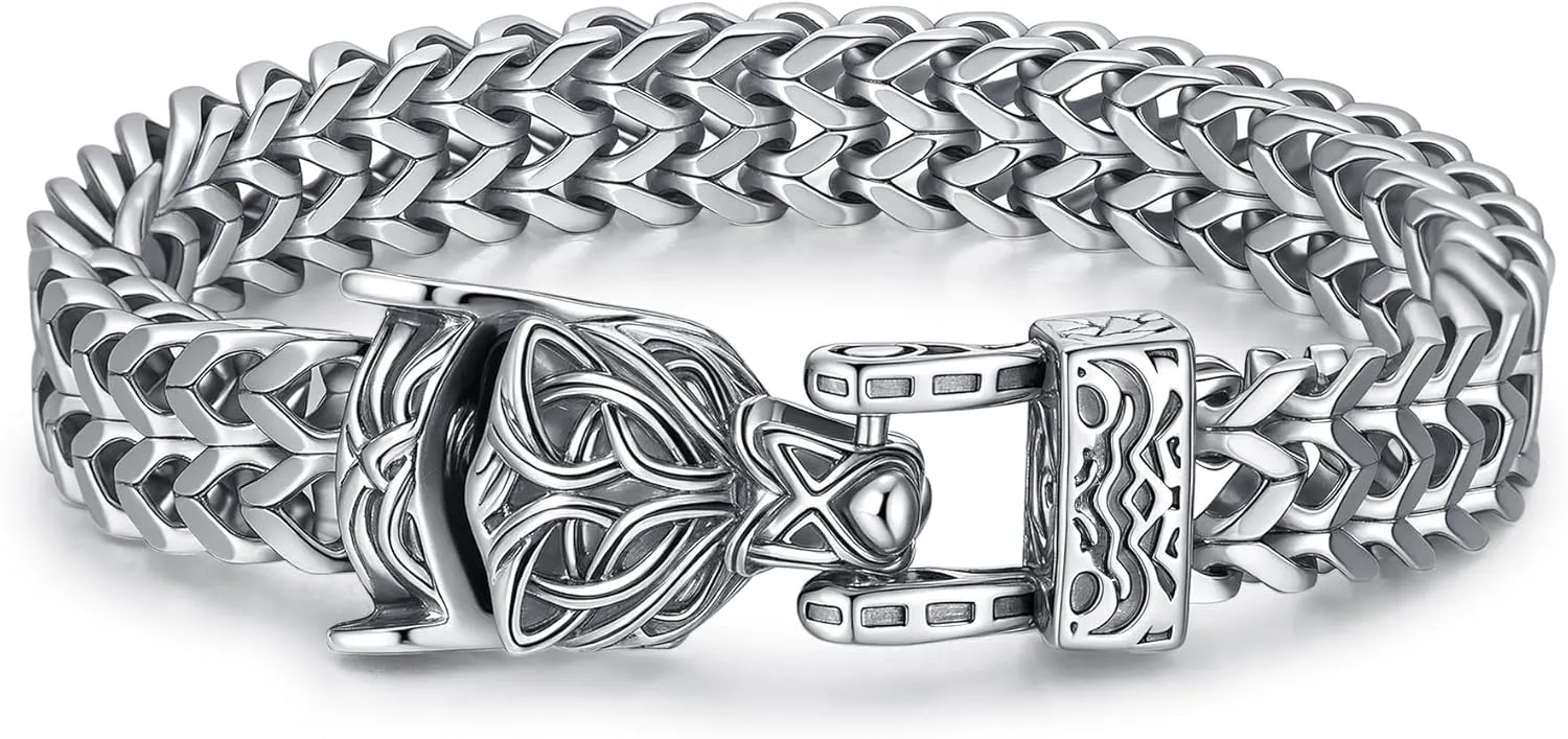 HANRESHE Men's Dragon Head Bracelet, Stainless Steel Cuban Link Chain, Viking Style Clasp, Silver