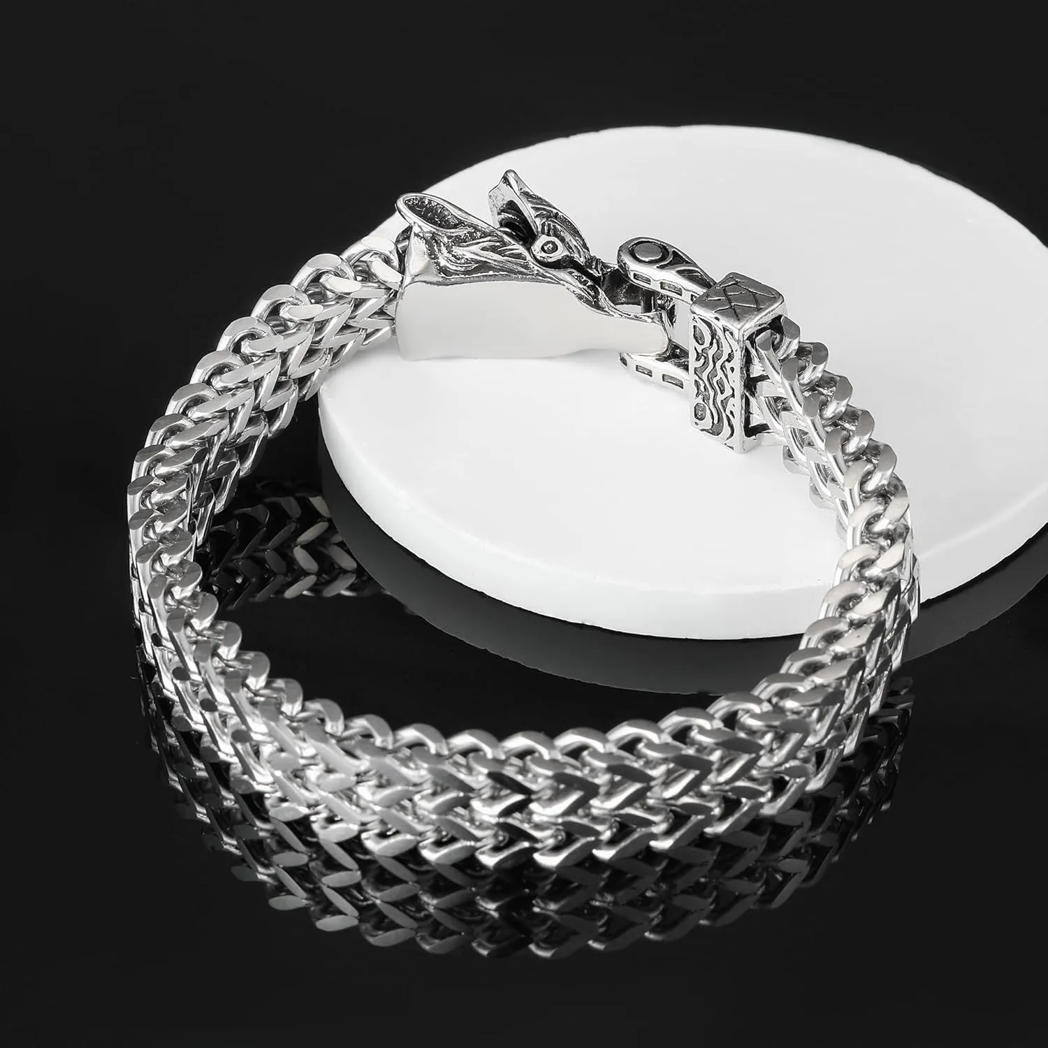 HANRESHE Men's Dragon Head Bracelet, Stainless Steel Cuban Link Chain, Viking Style Clasp, Silver