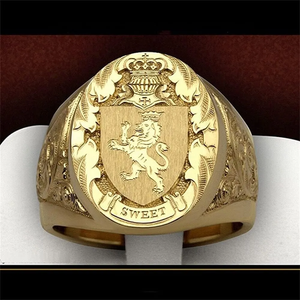 HaoMo 925 Sterling Silver Plated 18K Yellow Gold Men's Crown Lion Shield Badge Royal Seal Animal Pattern Hip Hop Cocktail Party Ring Gift for Men Size 7-12 HM021 (12)