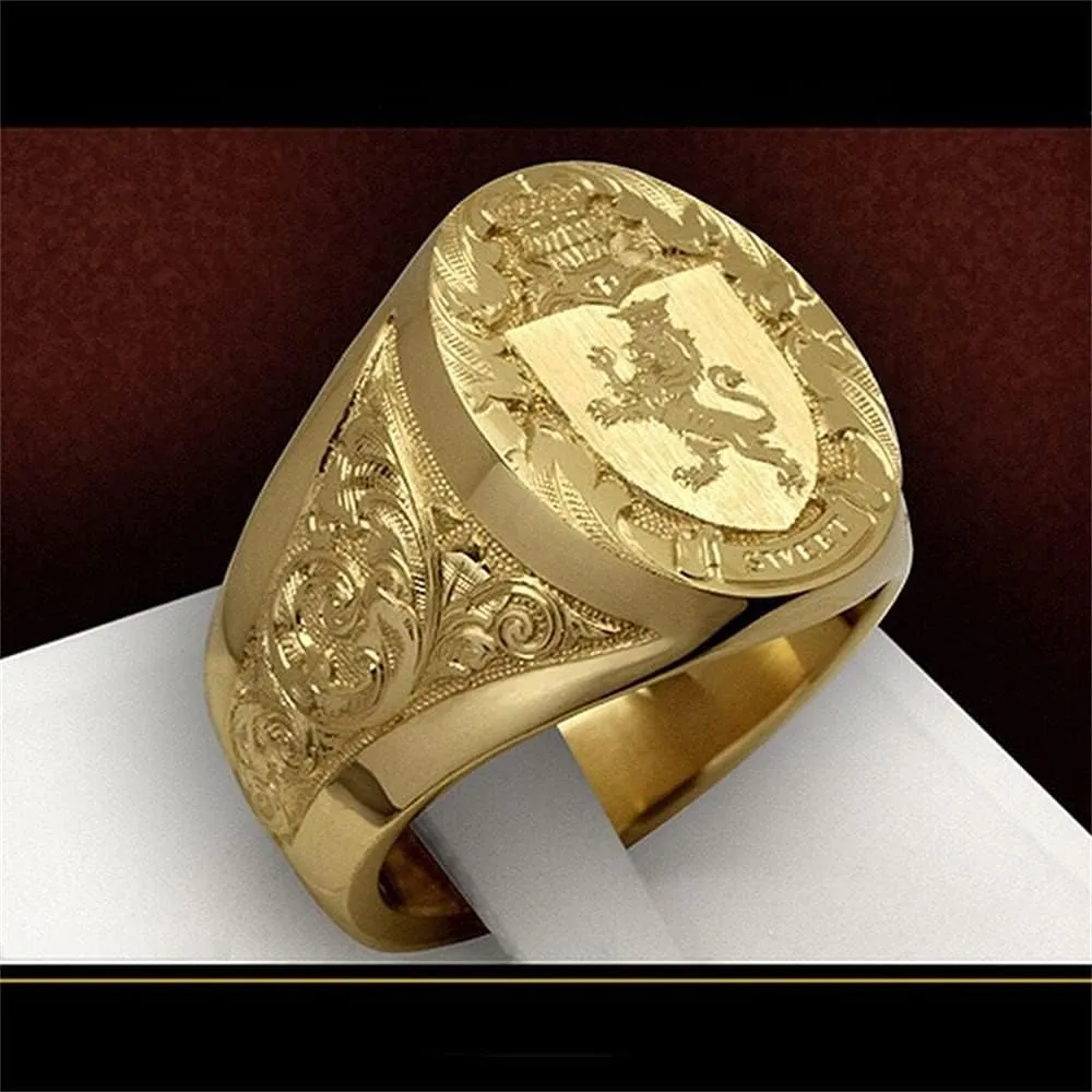 HaoMo 925 Sterling Silver Plated 18K Yellow Gold Men's Crown Lion Shield Badge Royal Seal Animal Pattern Hip Hop Cocktail Party Ring Gift for Men Size 7-12 HM021 (12)