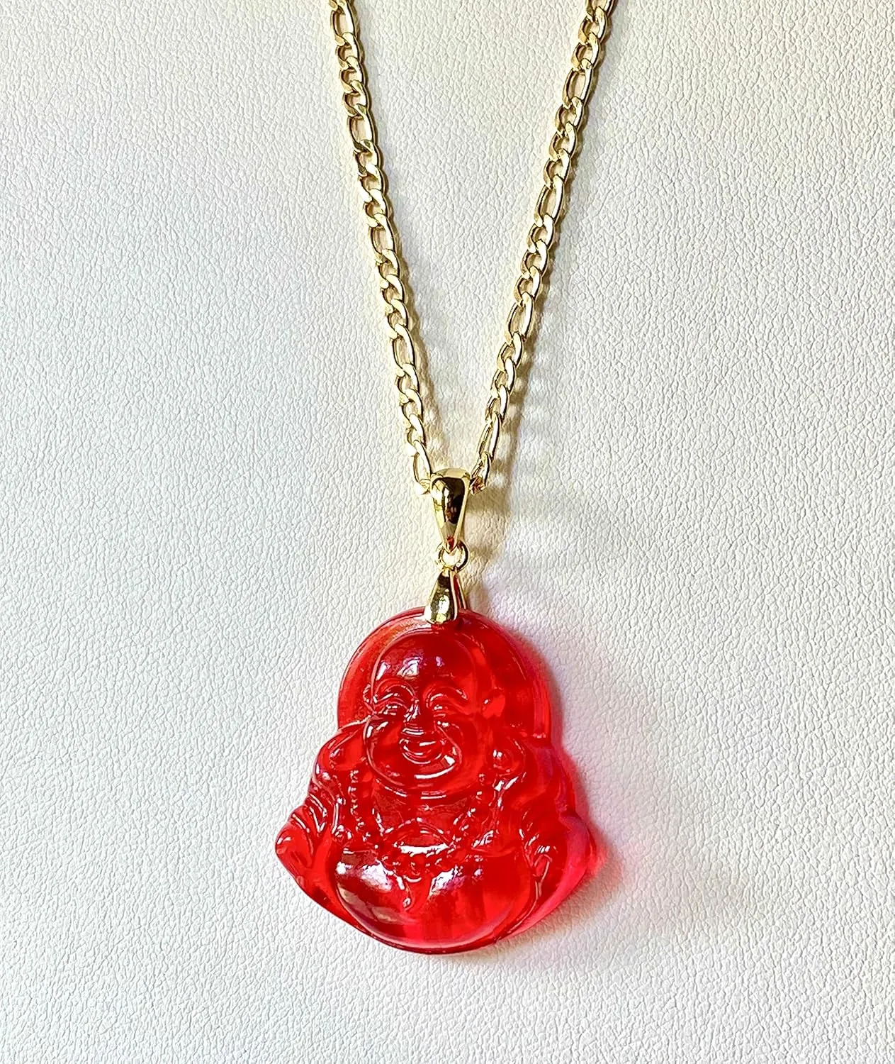 Happy Laughing Buddha Red Jade Pendant Necklace Figaro Gold Chain Genuine Certified Grade A Jadeite Jade Hand Crafted, Jade Necklace, 14k Gold Filled Laughing Jade Buddha necklace, Jade Medallion