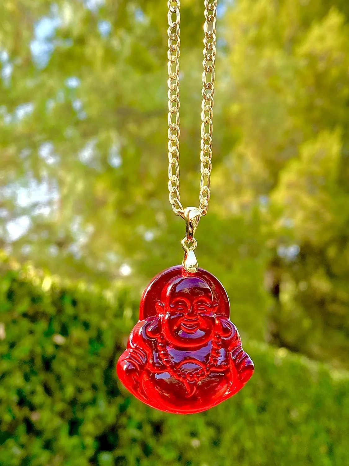 Happy Laughing Buddha Red Jade Pendant Necklace Figaro Gold Chain Genuine Certified Grade A Jadeite Jade Hand Crafted, Jade Necklace, 14k Gold Filled Laughing Jade Buddha necklace, Jade Medallion