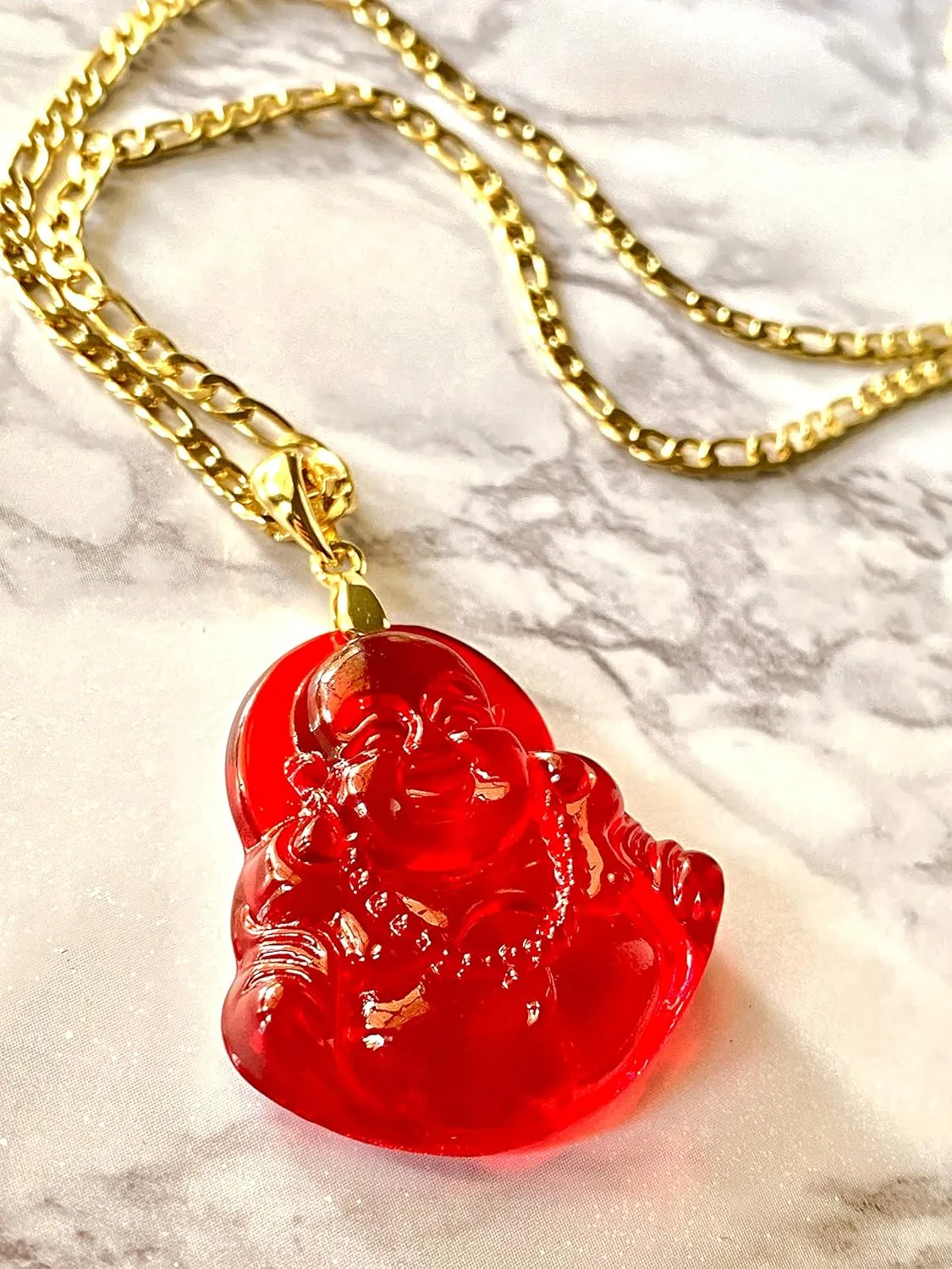 Happy Laughing Buddha Red Jade Pendant Necklace Figaro Gold Chain Genuine Certified Grade A Jadeite Jade Hand Crafted, Jade Necklace, 14k Gold Filled Laughing Jade Buddha necklace, Jade Medallion
