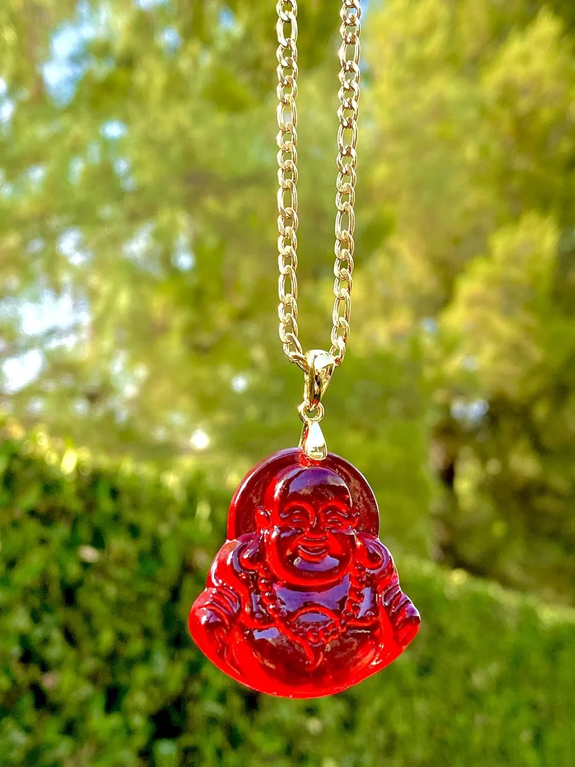 Happy Laughing Buddha Red Jade Pendant Necklace Figaro Gold Chain Genuine Certified Grade A Jadeite Jade Hand Crafted, Jade Necklace, 14k Gold Filled Laughing Jade Buddha necklace, Jade Medallion