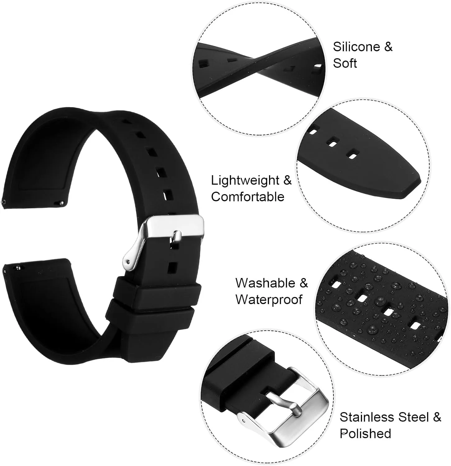 HARFINGTON Silicone Watch Band Quick Release Flexible Soft Rubber Watch Strap with Stainless Steel Clasp Replacement Wristband for Men Women