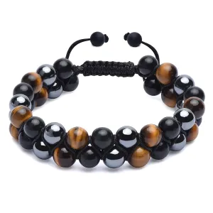 HASKARE Triple Protection Bracelet, Genuine Tigers Eye Black Obsidian and Hematite 8mm Beads Bracelet for Men Women, Crystal Jewelry Stone Bracelets Christmas Gifts for Men Bring Luck Prosperity