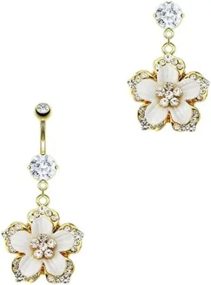 Hawaiian Flower CZ White Epoxy Dangle 14kt Gold Plated Navel Belly Button Ring Body Unique Jewelry Delicate Design Piercing Steel Surgical For Women