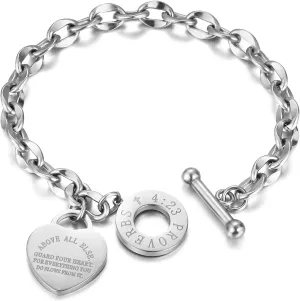 Heart Charm Bracelet for Women Teen Girls, Bible Verse Bracelet Stainless Steel 18K Gold Plated Bracelet Love Pendant Link Chain OT Clasp, Birthday Christmas Jewelry Gift for Mother Her