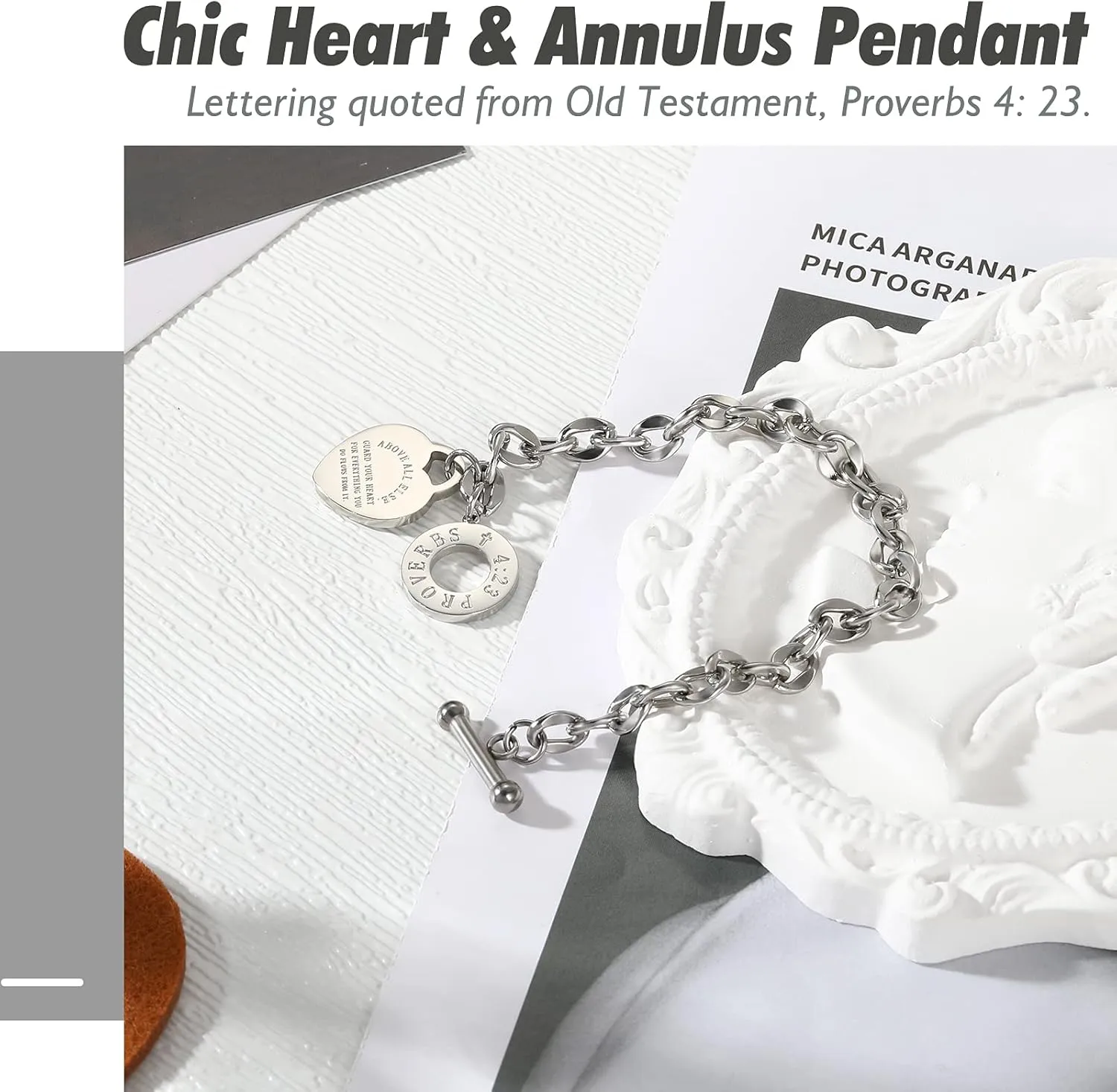 Heart Charm Bracelet for Women Teen Girls, Bible Verse Bracelet Stainless Steel 18K Gold Plated Bracelet Love Pendant Link Chain OT Clasp, Birthday Christmas Jewelry Gift for Mother Her
