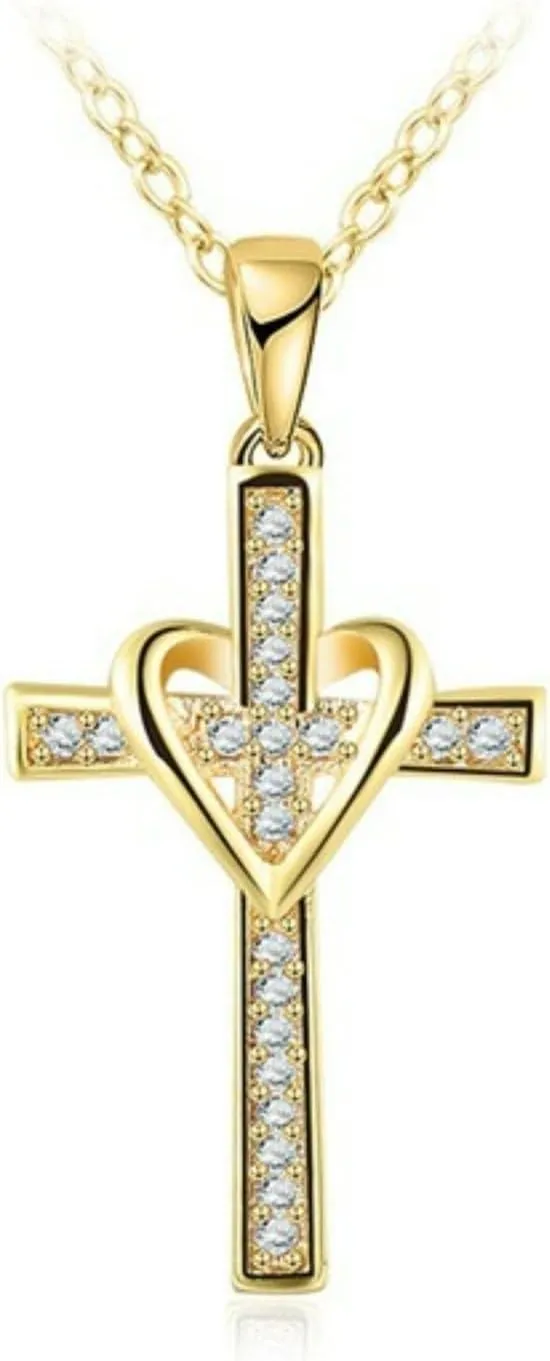 Heart Cross Pendant Necklace for Women Sparkly White Love Rhinestone Necklace Dainty Red Heart Cubic Zircon Necklace Vintage Cross Heart Crystal Statement Necklace Valentines Costume Jewelry Accessories