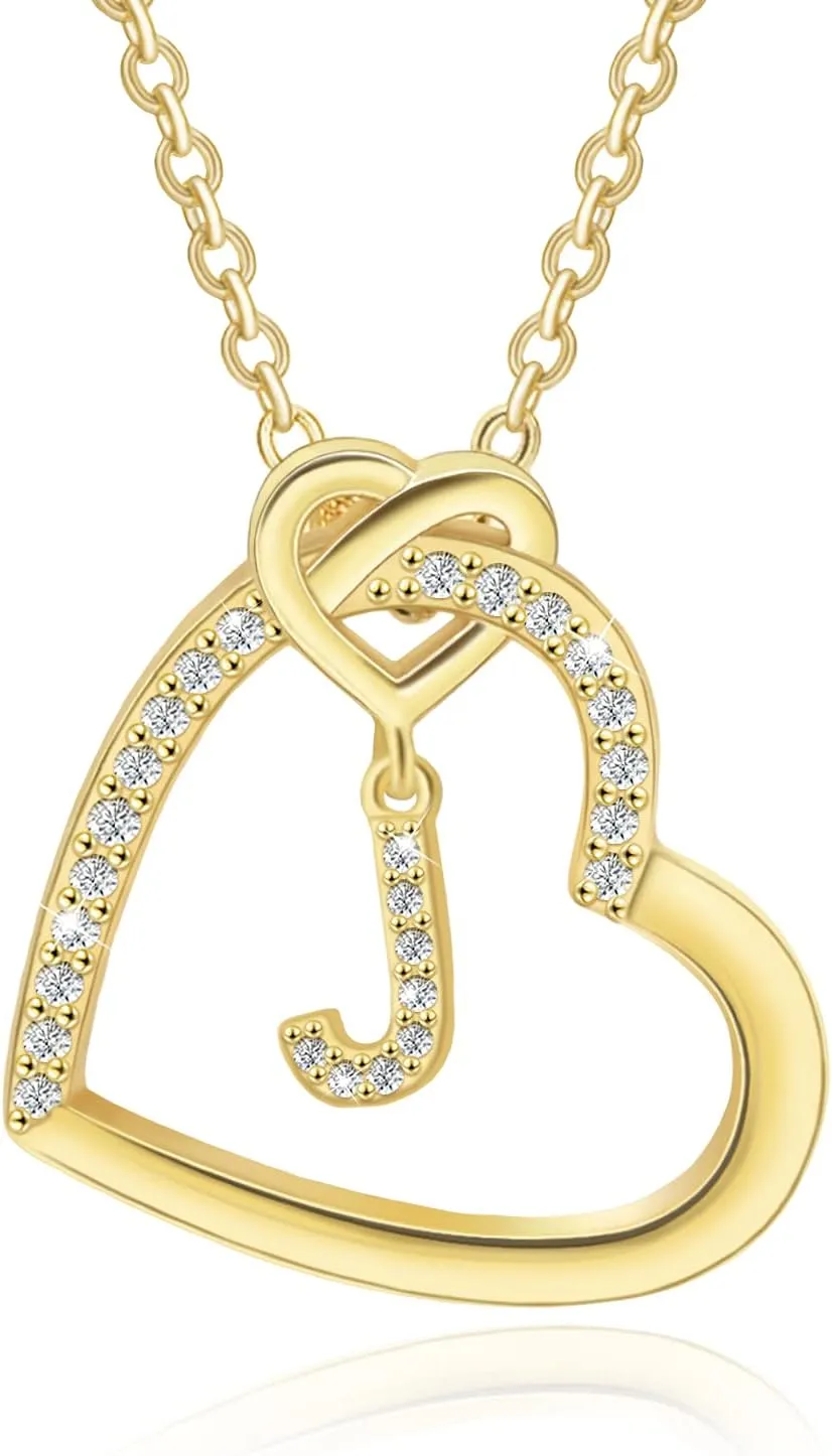 Heart Initial Necklace for Women, 14K Gold Plated Necklace, Sterling Silver Pendant Cubic Zirconia Adjustable Letter Charm Girls, Gold,Silver, Jan-NL-J