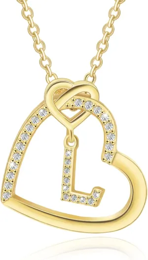 Heart Initial Necklace for Women,14K Gold Plated Initial Necklace,Sterling Silver Initial Pendant Necklace,Cubic Zirconia Initial Necklace,Adjustable Letter Charm Necklace for Lady