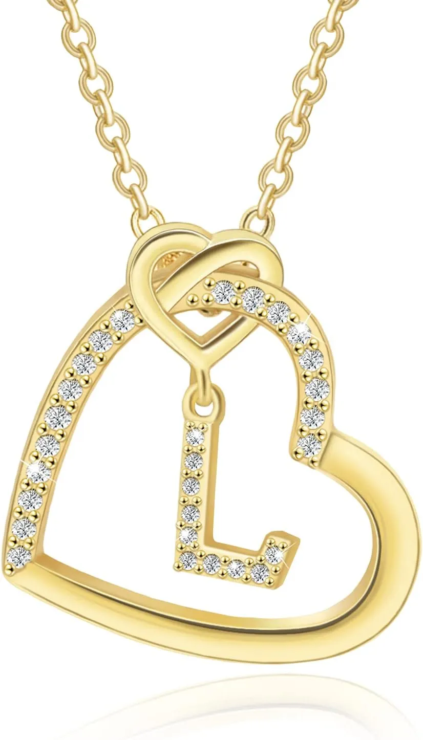 Heart Initial Necklace for Women,14K Gold Plated Initial Necklace,Sterling Silver Initial Pendant Necklace,Cubic Zirconia Initial Necklace,Adjustable Letter Charm Necklace for Lady