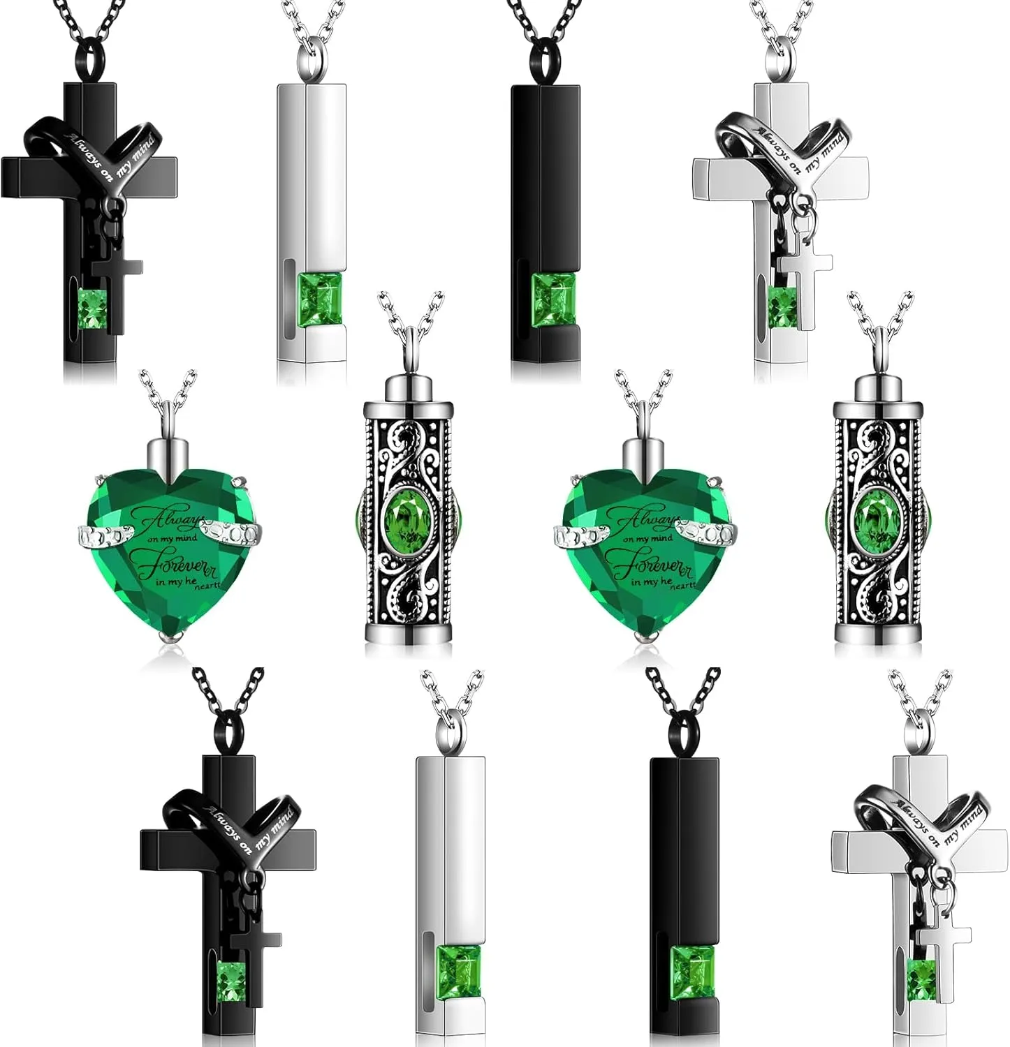 Henoyso 12 Pcs Urn Necklace for Ashes Bulk Cremation Cross Heart Cubic Jewelry Stainless Steel Memorial Locket for Men Women