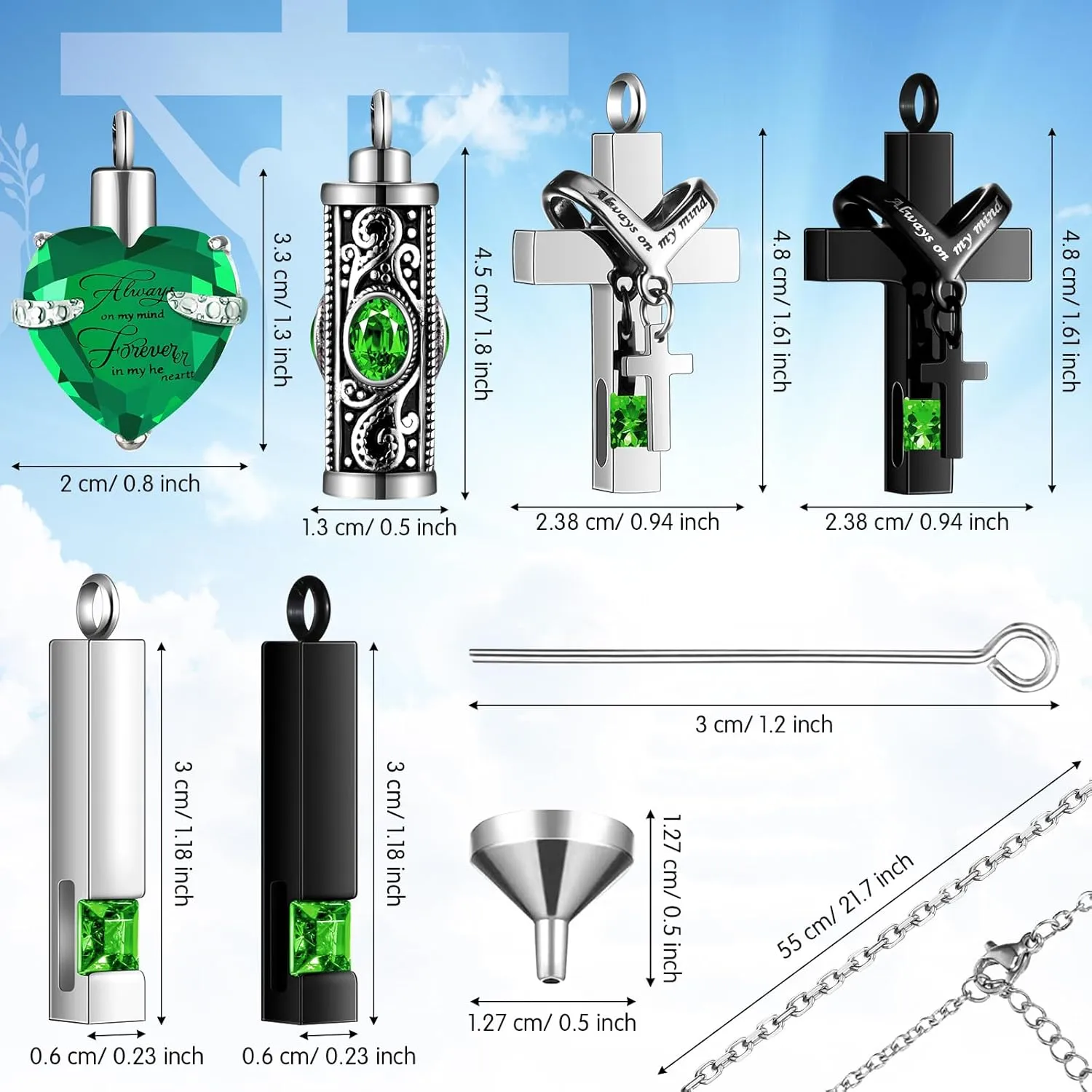 Henoyso 12 Pcs Urn Necklace for Ashes Bulk Cremation Cross Heart Cubic Jewelry Stainless Steel Memorial Locket for Men Women
