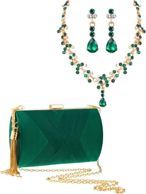 Henoyso Clutch Purse for Women Rhinestone Jewelry Set Prom Party Tassel Evening Clutch Bag Bridal Wedding Necklace Earrings Jewelry
