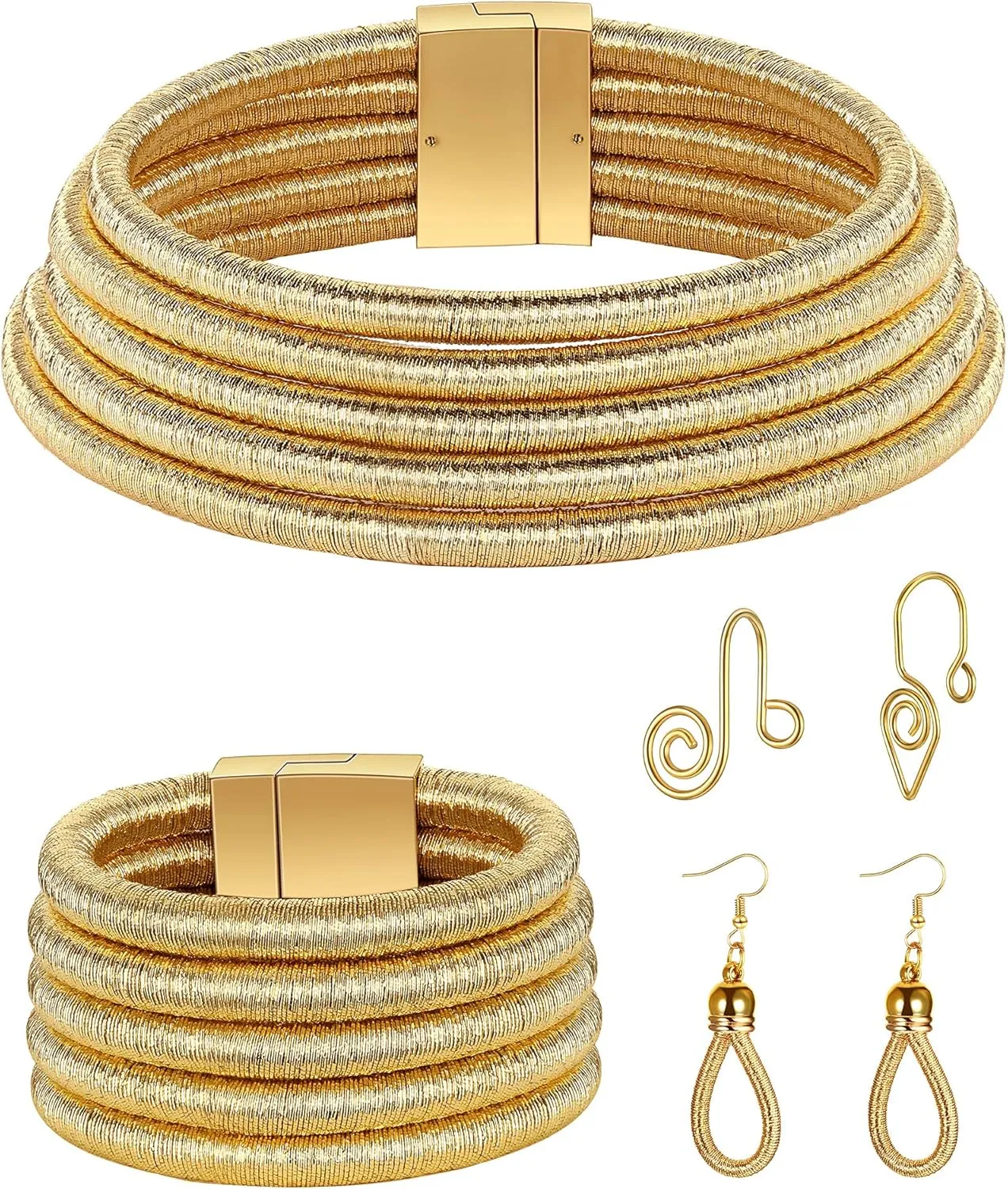 Hicarer 5 Pcs African Jewelry for Women, African Statement Choker Layered Collar Necklace Tribal Style Earrings Bracelet Faux Nose Rings Nose Cuffs Hoop Costume Jewelry Set for Women