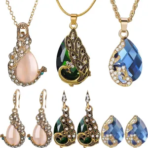 Hicarer 6 Pieces Jewelry Sets for Women Elegant Necklace Set Peacock Water Drop Rhinestone Pendant Necklace Crystal Peacock Pattern Earrings Jewelry