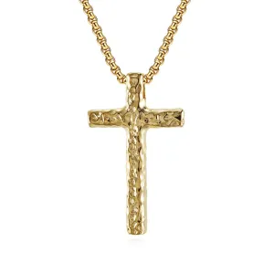 High Polished 18K Gold Plated 316L Stainless Steel Cross Necklace Men Women Hand Hammered Pattern Cross Pendant Jewelry With 3mm Rounded-Box Chain Length 60cm 24inches Meteor Crater