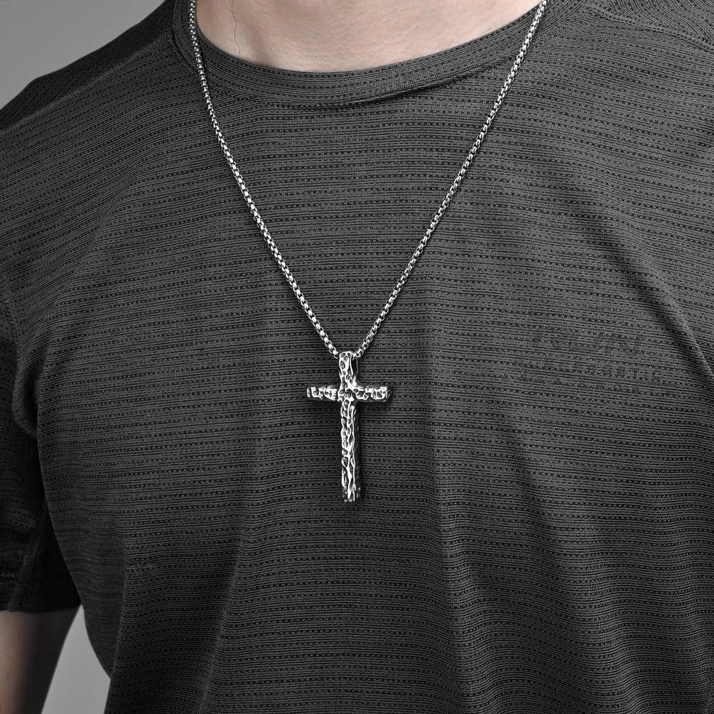 High Polished 18K Gold Plated 316L Stainless Steel Cross Necklace Men Women Hand Hammered Pattern Cross Pendant Jewelry With 3mm Rounded-Box Chain Length 60cm 24inches Meteor Crater