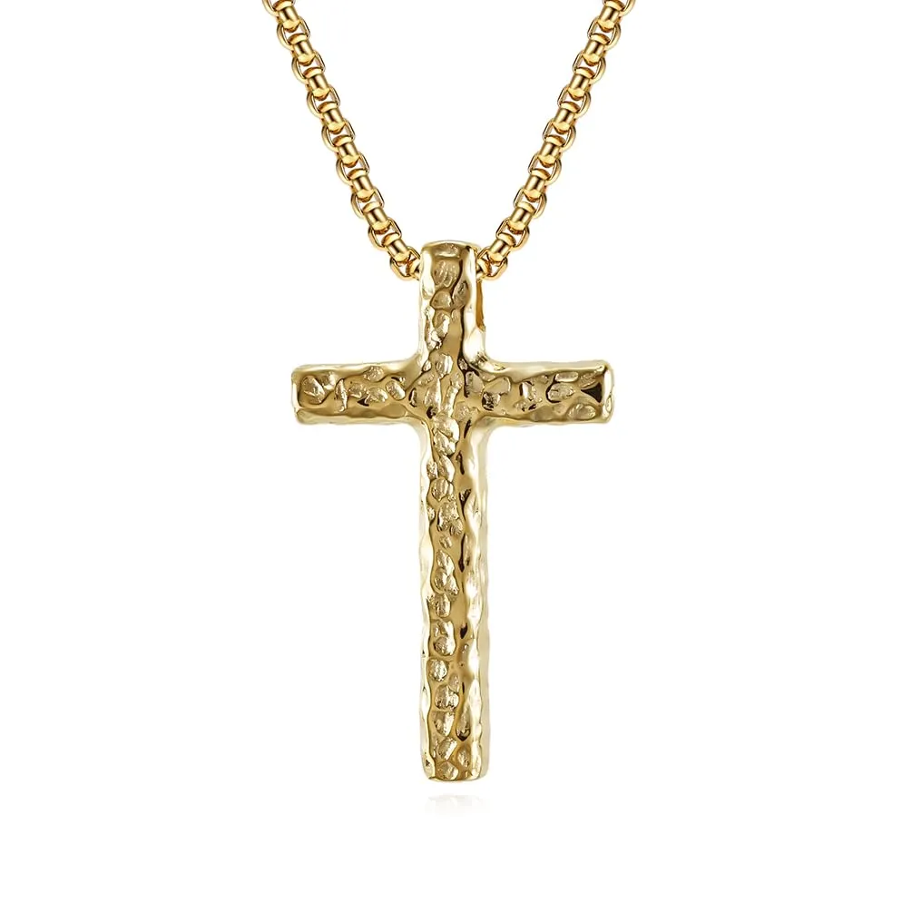 High Polished 18K Gold Plated 316L Stainless Steel Cross Necklace Men Women Hand Hammered Pattern Cross Pendant Jewelry With 3mm Rounded-Box Chain Length 60cm 24inches Meteor Crater