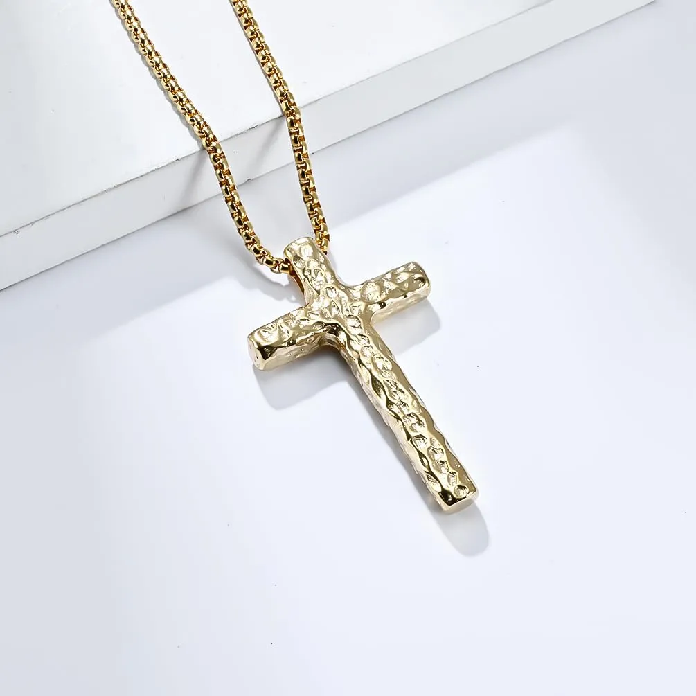 High Polished 18K Gold Plated 316L Stainless Steel Cross Necklace Men Women Hand Hammered Pattern Cross Pendant Jewelry With 3mm Rounded-Box Chain Length 60cm 24inches Meteor Crater