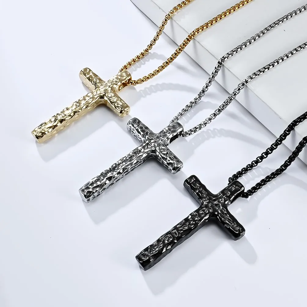 High Polished 18K Gold Plated 316L Stainless Steel Cross Necklace Men Women Hand Hammered Pattern Cross Pendant Jewelry With 3mm Rounded-Box Chain Length 60cm 24inches Meteor Crater