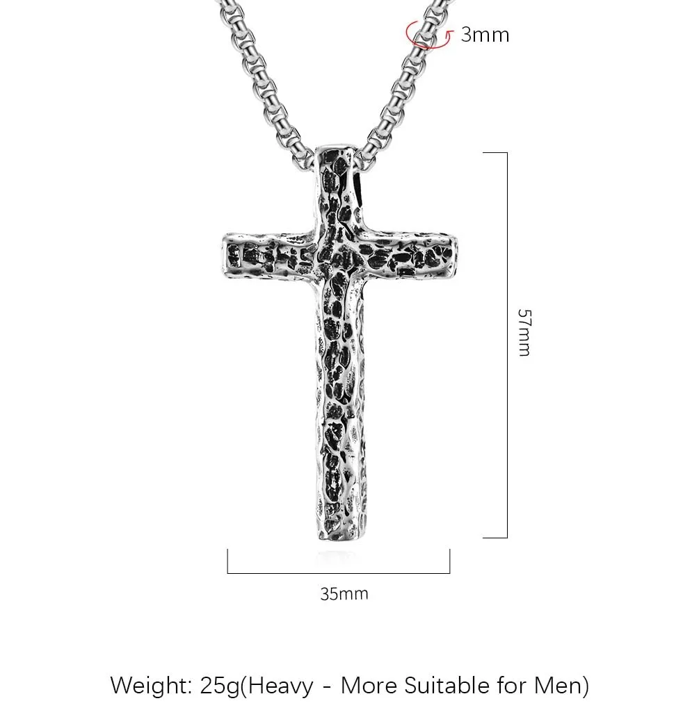 High Polished 18K Gold Plated 316L Stainless Steel Cross Necklace Men Women Hand Hammered Pattern Cross Pendant Jewelry With 3mm Rounded-Box Chain Length 60cm 24inches Meteor Crater