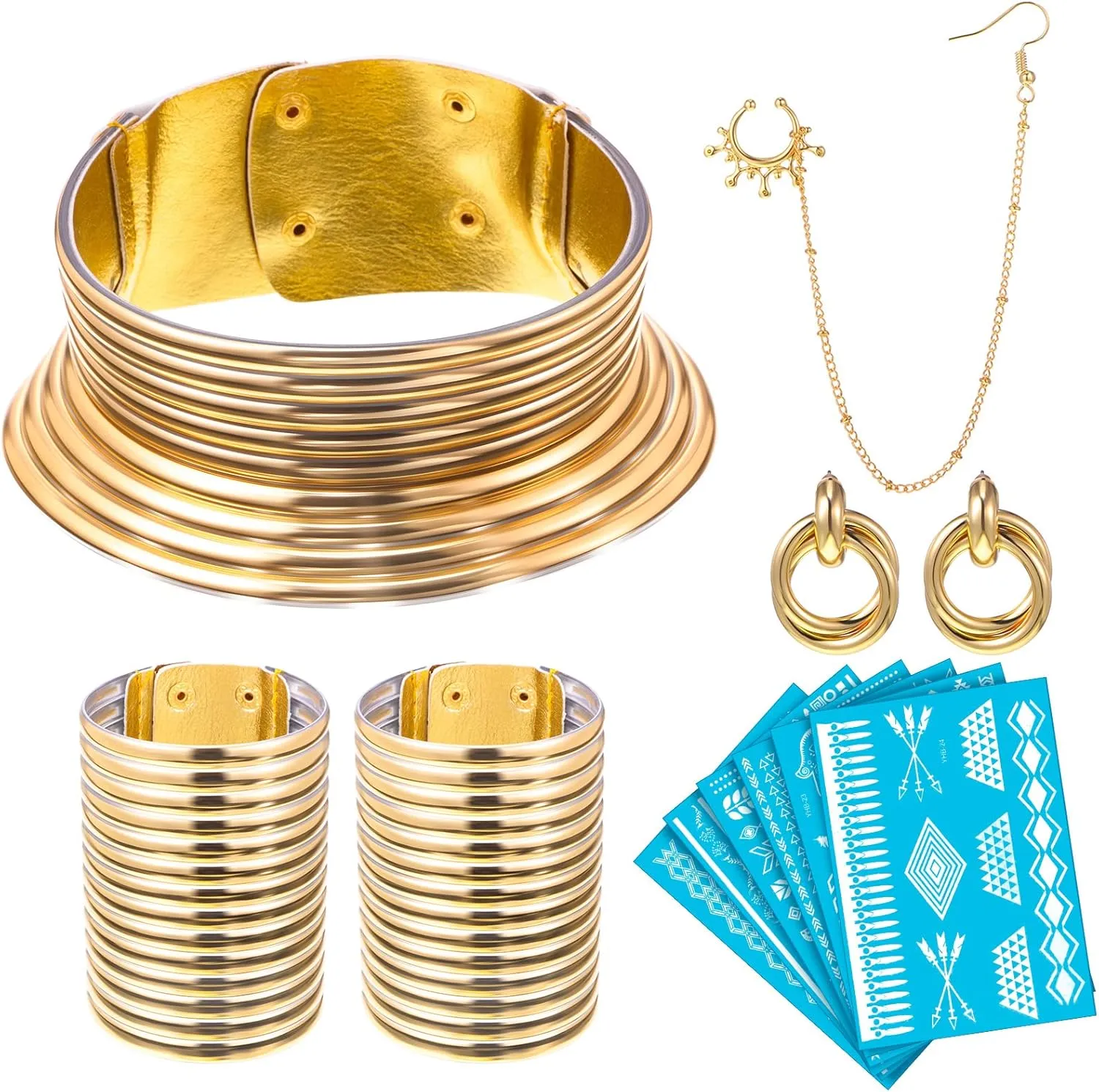 Hillban African National Jewelry Set for Women African National Gold Jewelry with 6 Pcs Tattoos Stickers Egyptian Choker Collar Necklace Bangle Nose Ring Hoop Chain Earring Set