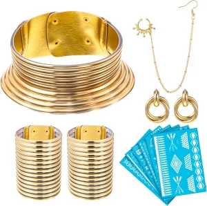 Hillban African National Jewelry Set for Women African National Gold Jewelry with 6 Pcs Tattoos Stickers Egyptian Choker Collar Necklace Bangle Nose Ring Hoop Chain Earring Set
