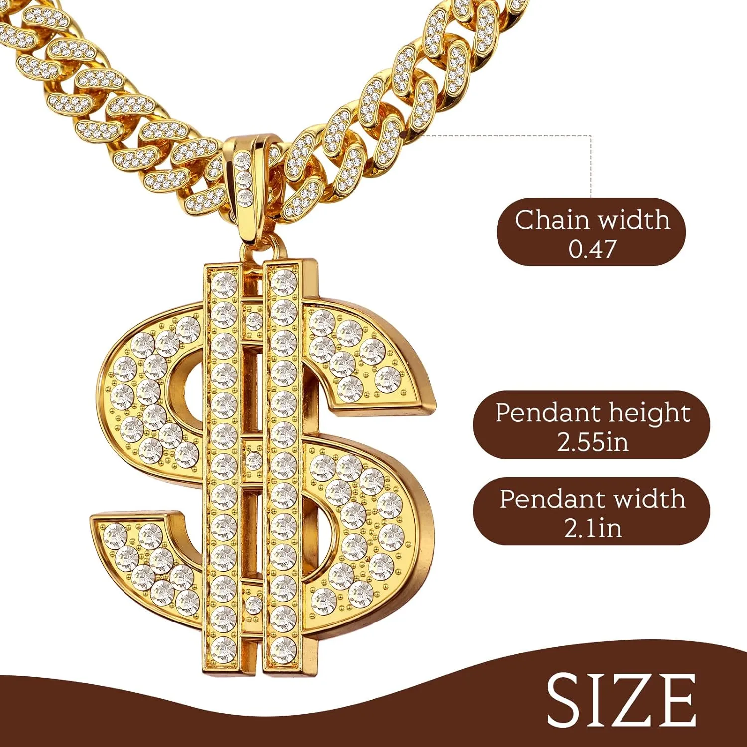 Hillban Gold Chain for Men with Dollar Sign Pendant Necklace Diamond Cuban Link Dollar Sign Necklaces for 80s 90s Men Hip Hop Rapper Jewelry Gift