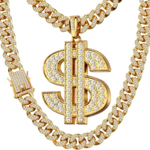 Hillban Gold Chain for Men with Dollar Sign Pendant Necklace Diamond Cuban Link Dollar Sign Necklaces for 80s 90s Men Hip Hop Rapper Jewelry Gift