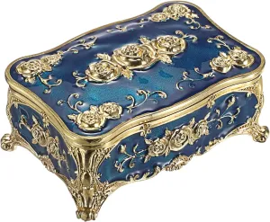 Hipiwe Metal Jewelry Box with Rose Pattern - Vintage Trinket Organizer Box Rectangular Keepsake Storage Box for Ring Earrings Necklaces Home Decor Gift for Women, Blue