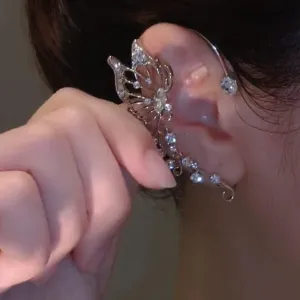 Hollow Butterfly Style Zircon Earrings, Non-Piercing Butterfly Flower Tassel Wrap Around Clip-On Earrings, Fashion Elf Ear Cuffs Hypoallergenic Earring Gifts for Her (A Pair)