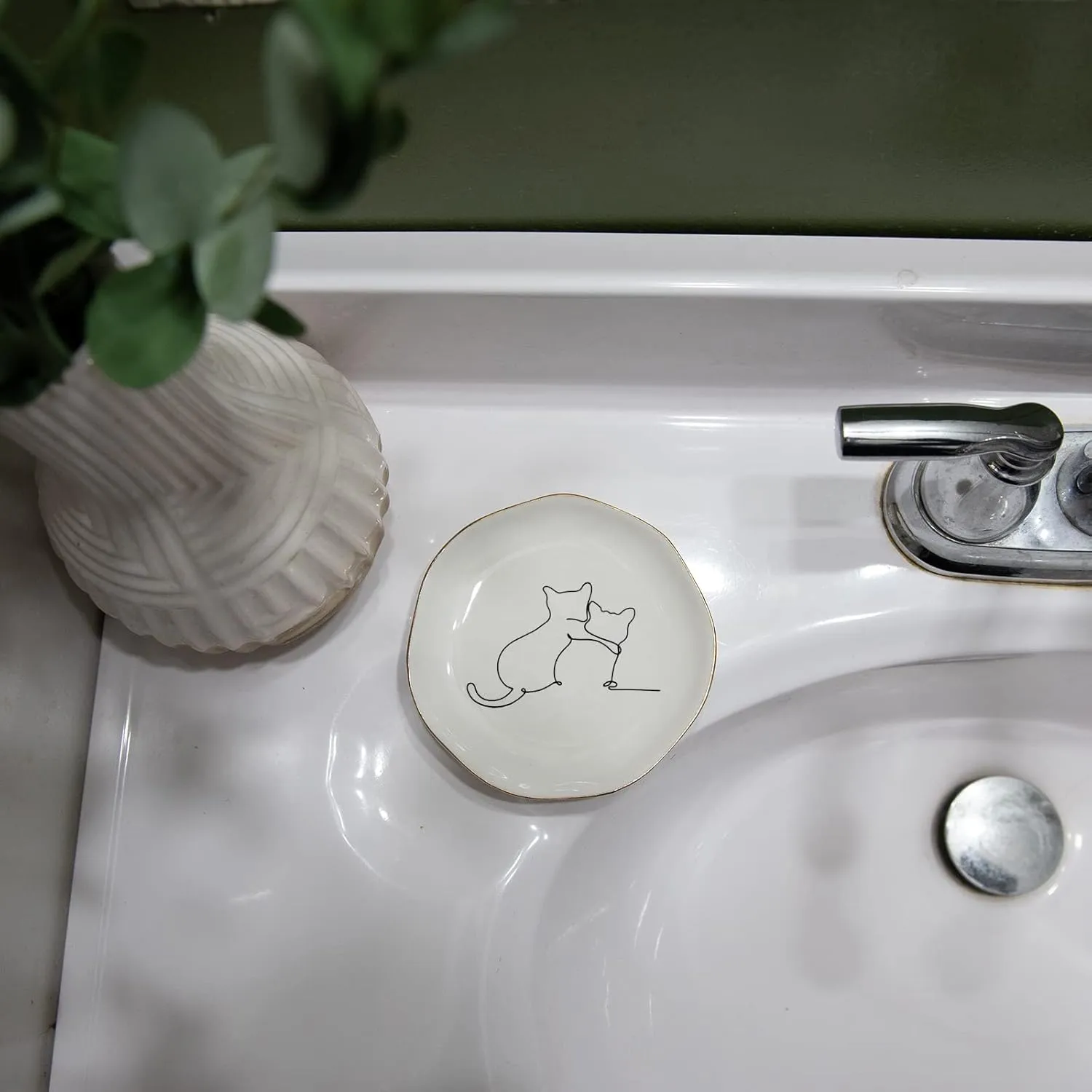 HOME SMILE Cat Ring Dish Jewelry Tray,Christmas Gifts for Cat Lovers,Ceramic White,4"